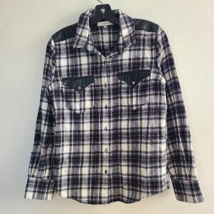 IRO Shirt Plaid Long Sleeve Button Up Leather Accent Women's size 38
